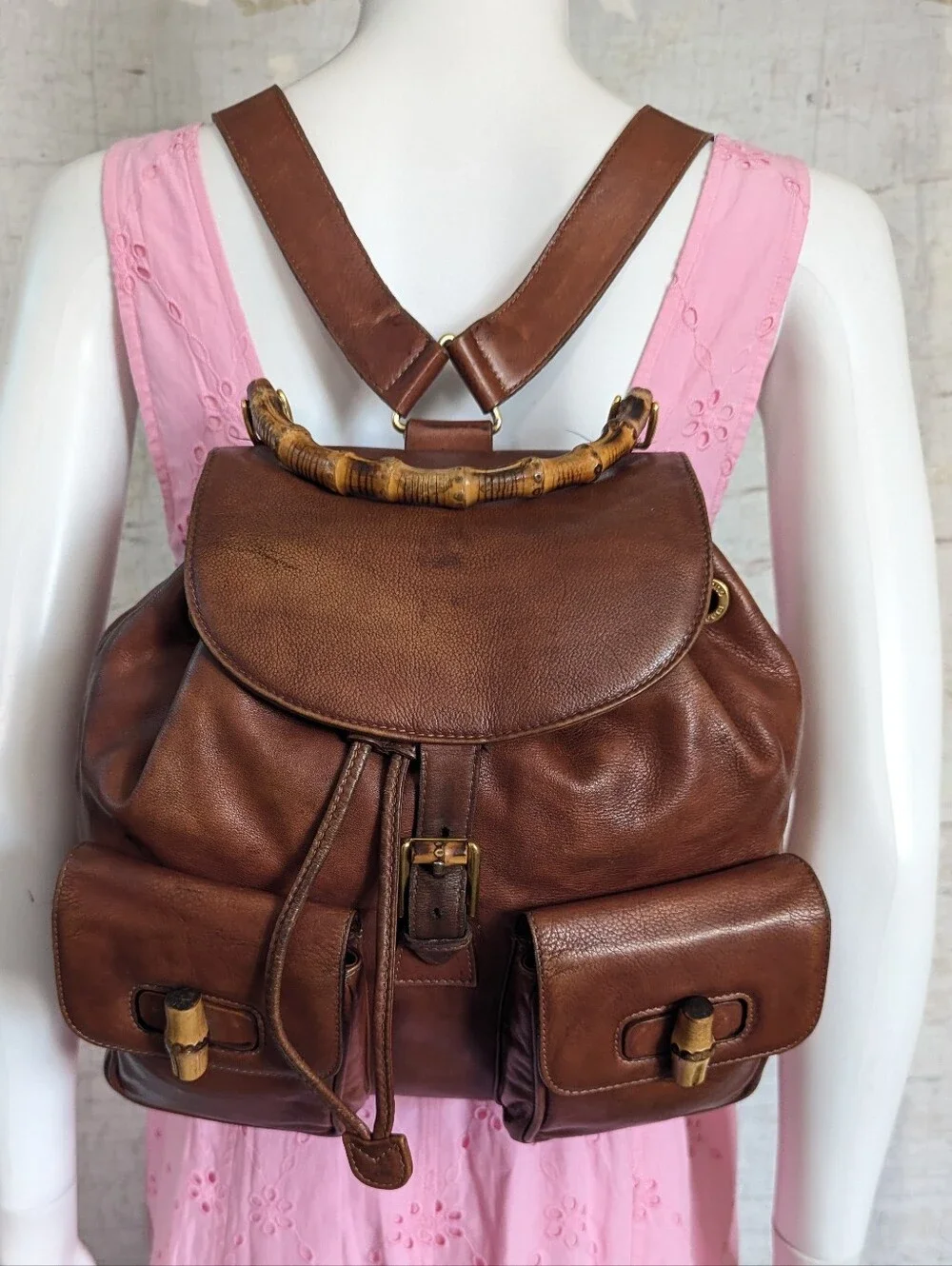 Gucci Cognac Leather Bamboo-Handle Backpack